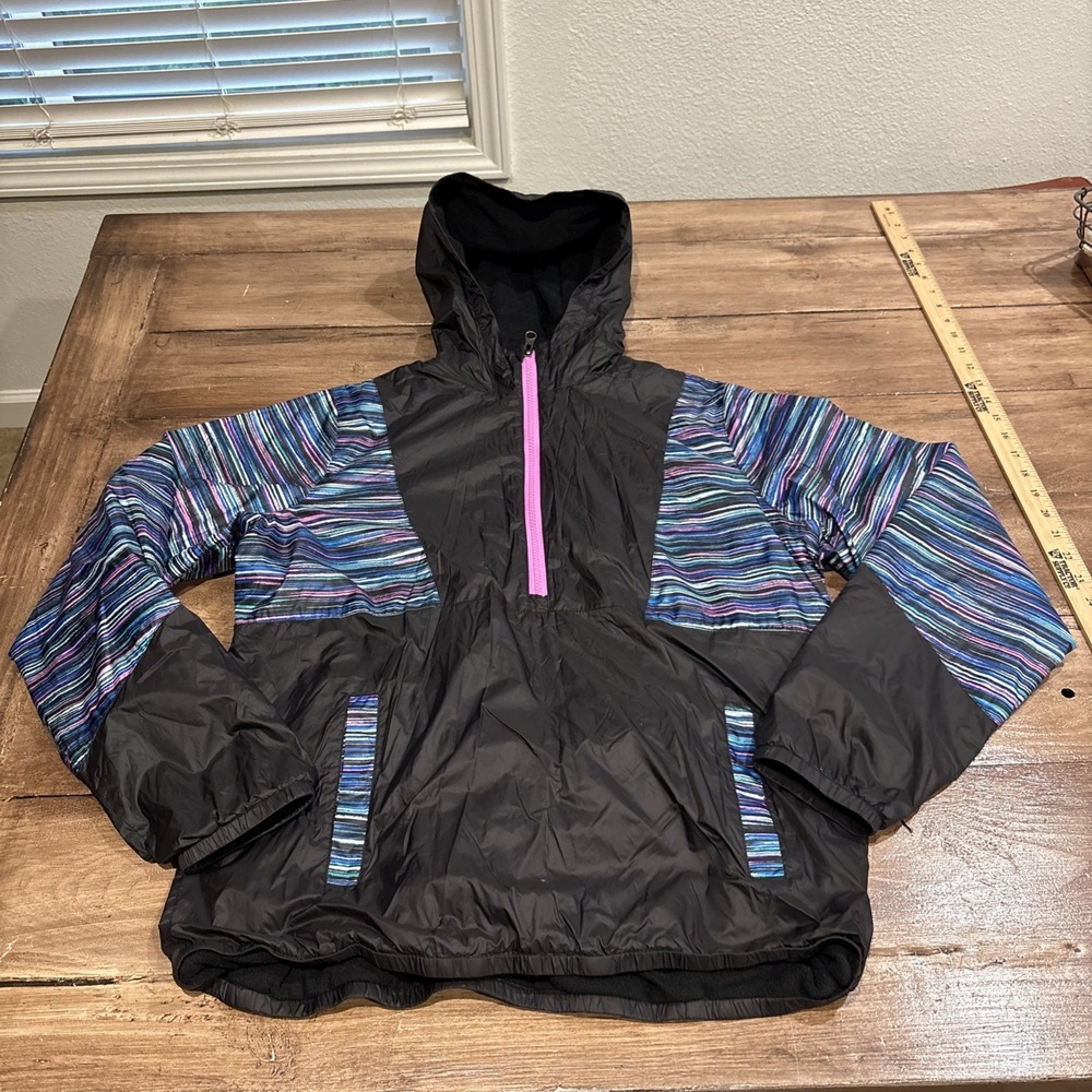 Lands End 1/2 Zip Jacket XL Black Multi Stripe Windbreaker Fleece Lined Hoodie